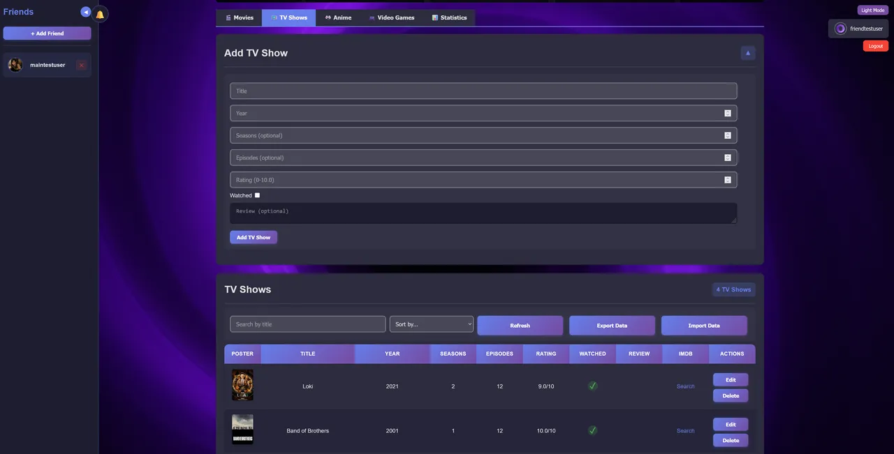 OmniTrackr dashboard showing a media form, library table, category navigation, search, and sorting controls