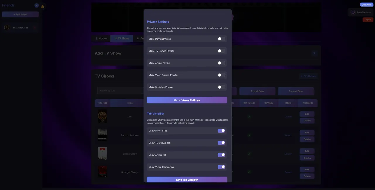 OmniTrackr privacy controls for selecting visibility across media categories